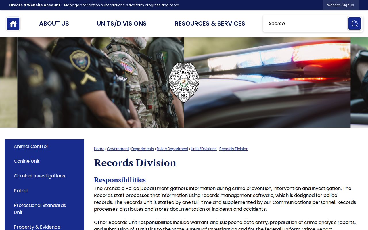Archdale Police Records Division criminal record access in Randolph County