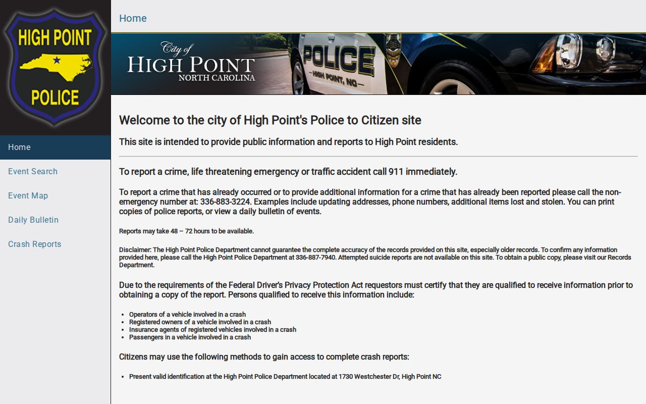 High Point P2C criminal record portal serving Randolph County events