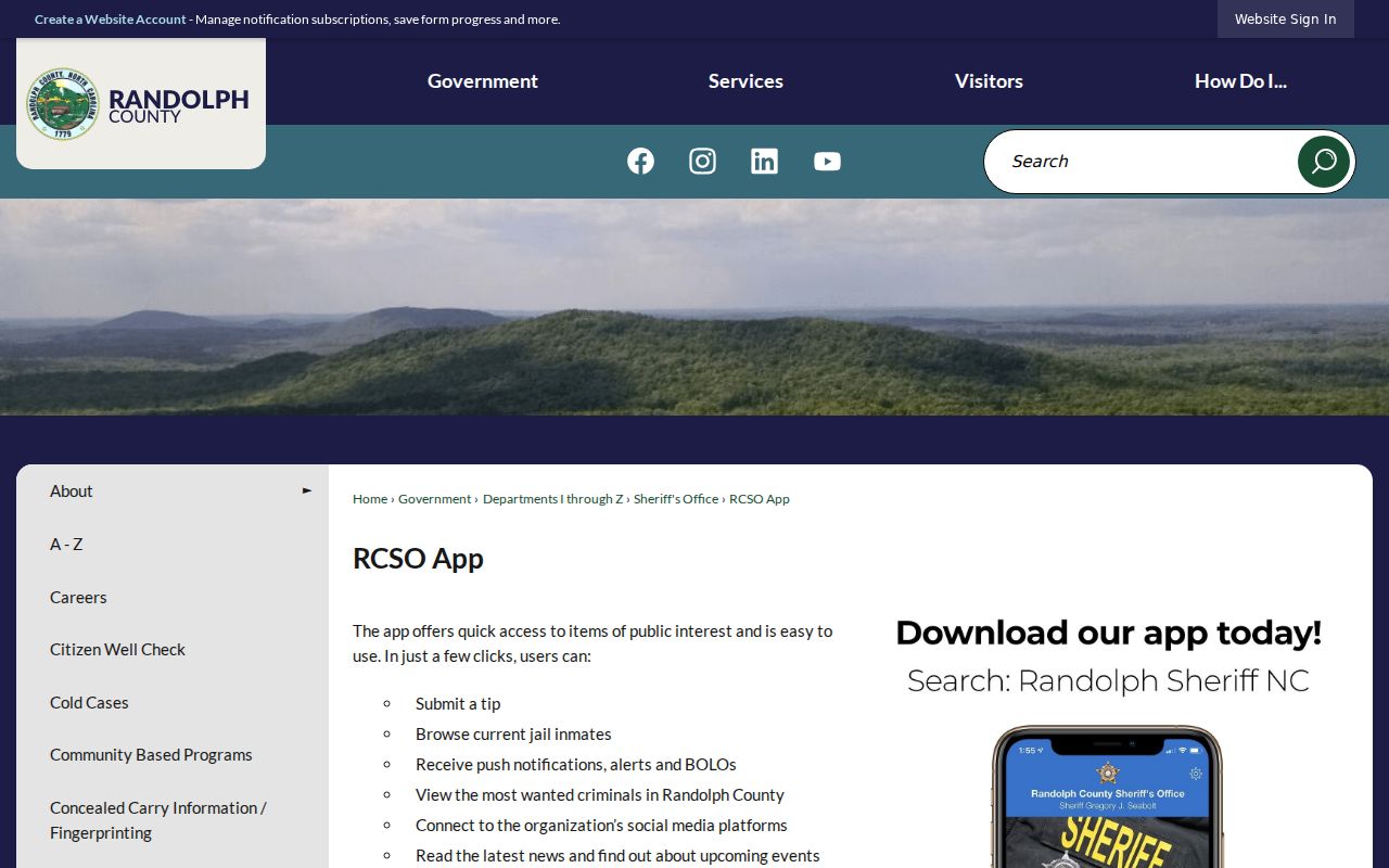 Randolph County arrest and current inmate access in RCSO app