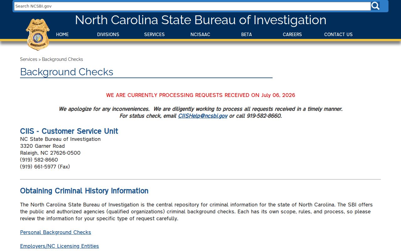 Randolph County criminal history options from the North Carolina SBI